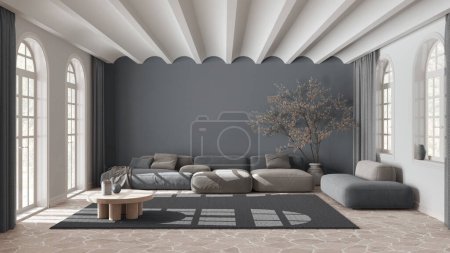 Téléchargez les photos : Minimal salon moderne avec canapé et tapis dans les tons blanc et gris. Sol en marbre de pierre et plafond voûté. Design d'intérieur scandinave - en image libre de droit