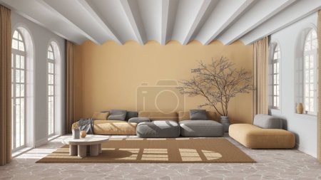 Téléchargez les photos : Minimal salon moderne avec canapé et tapis dans les tons blanc et jaune. Sol en marbre de pierre et plafond voûté. Design d'intérieur scandinave - en image libre de droit