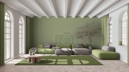 Téléchargez les photos : Minimal salon moderne avec canapé et tapis dans les tons blanc et vert. Sol en marbre de pierre et plafond voûté. Design d'intérieur scandinave - en image libre de droit