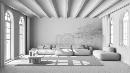 Téléchargez les photos : Projet blanc total, salle de séjour moderne minimale avec canapé et tapis. Sol en marbre de pierre et plafond voûté. Design d'intérieur scandinave - en image libre de droit