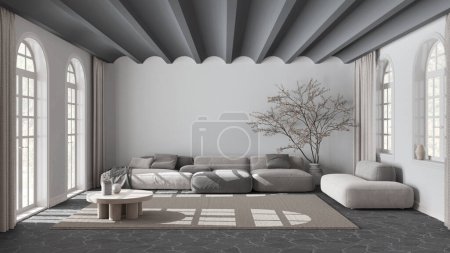 Téléchargez les photos : Minimal salon moderne avec canapé et tapis dans des tons blancs et sombres. Sol en marbre de pierre et plafond voûté. Design d'intérieur scandinave - en image libre de droit