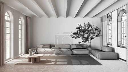 Téléchargez les photos : Architecte concept d'architecte d'intérieur : dessin à la main projet inachevé qui devient réel, minimaliste salon moderne avec canapé et tapis. Style scandinave - en image libre de droit
