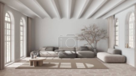 Téléchargez les photos : Fond flou, salon moderne minimal avec canapé et tapis. Sol en marbre de pierre et plafond voûté. Design d'intérieur scandinave - en image libre de droit