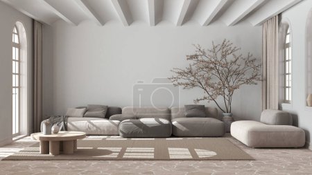 Téléchargez les photos : Salon nordique scandinave dans des tons blancs et beiges. Canapé en velours avec tapis, plafond voûté et sol en pierre. Design intérieur minimal - en image libre de droit