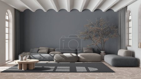 Téléchargez les photos : Salon nordique scandinave dans des tons blancs et gris. Canapé en velours avec tapis, plafond voûté et sol en pierre. Design intérieur minimal - en image libre de droit
