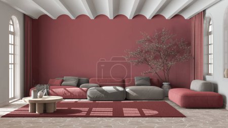 Téléchargez les photos : Salon nordique scandinave dans les tons blanc et rouge. Canapé en velours avec tapis, plafond voûté et sol en pierre. Design intérieur minimal - en image libre de droit