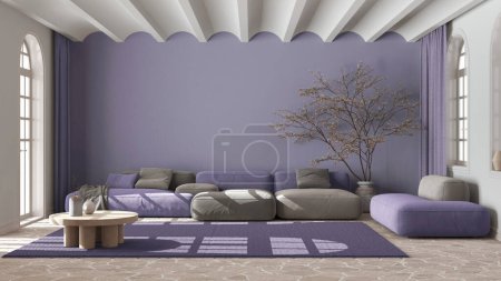 Téléchargez les photos : Salon nordique scandinave aux tons blanc et violet. Canapé en velours avec tapis, plafond voûté et sol en pierre. Design intérieur minimal - en image libre de droit