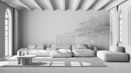 Téléchargez les photos : Projet blanc total, scandinave salon nordique. Canapé en velours avec tapis, plafond voûté et sol en pierre. Design intérieur minimal - en image libre de droit