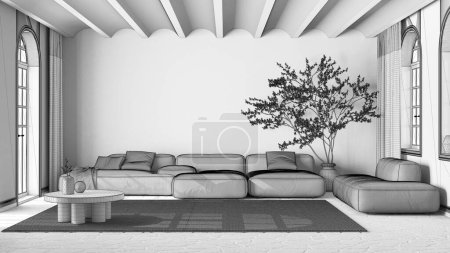 Téléchargez les photos : Projet de projet inachevé, scandinave salon nordique. Canapé en velours avec tapis, plafond voûté et sol en pierre. Design intérieur minimal - en image libre de droit
