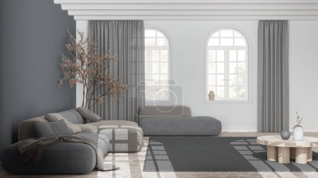 Téléchargez les photos : Salon nordique minimaliste dans des tons blancs et gris. Canapé en velours, sol en pierre, plafond voûté et fenêtres cintrées. Design d'intérieur scandinave - en image libre de droit