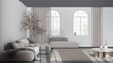 Téléchargez les photos : Salon nordique minimaliste dans des tons blancs et sombres. Canapé en velours, sol en pierre, plafond voûté et fenêtres cintrées. Design d'intérieur scandinave - en image libre de droit
