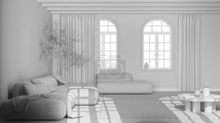 Téléchargez les photos : Projet blanc total, salon nordique minimaliste. Canapé en velours, sol en pierre, plafond voûté et fenêtres cintrées. Design d'intérieur scandinave - en image libre de droit