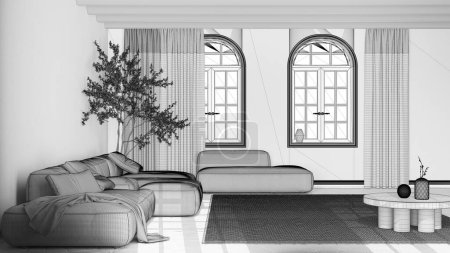Téléchargez les photos : Projet de projet inachevé ébauche, minimaliste salon nordique. Canapé en velours, sol en pierre, plafond voûté et fenêtres cintrées. Design d'intérieur scandinave - en image libre de droit