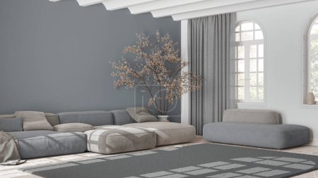 Téléchargez les photos : Salon nordique scandinave dans des tons blancs et gris. Canapé en velours avec oreillers et tapis, arbre en pot et décors. Design intérieur moderne minimaliste - en image libre de droit