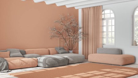 Téléchargez les photos : Salon nordique scandinave dans les tons blanc et orange. Canapé en velours avec oreillers et tapis, arbre en pot et décors. Design intérieur moderne minimaliste - en image libre de droit