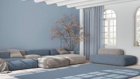 Téléchargez les photos : Salon nordique scandinave dans les tons blanc et bleu. Canapé en velours avec oreillers et tapis, arbre en pot et décors. Design intérieur moderne minimaliste - en image libre de droit