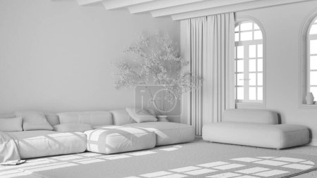 Téléchargez les photos : Projet blanc total, scandinave salon nordique. Canapé en velours avec oreillers et tapis, arbre en pot et décors. Design intérieur moderne minimaliste - en image libre de droit