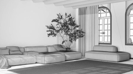 Téléchargez les photos : Projet de projet inachevé, scandinave salon nordique. Canapé en velours avec oreillers et tapis, arbre en pot et décors. Design intérieur moderne minimaliste - en image libre de droit