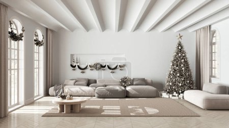 Téléchargez les photos : Minimale salle de séjour moderne dans les tons blanc et beige avec parquet et plafond voûté, arbre de Noël et décors, hiver, nouvelle année scandinave design d'intérieur - en image libre de droit