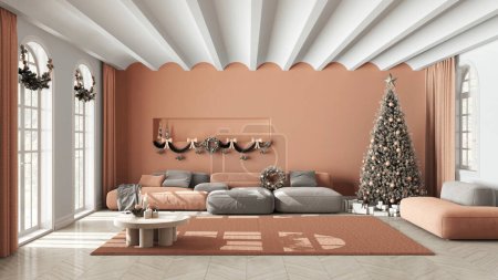 Téléchargez les photos : Minimal salon moderne dans les tons blanc et orange avec parquet et plafond voûté, arbre de Noël et décors, hiver, design intérieur scandinave du Nouvel An - en image libre de droit