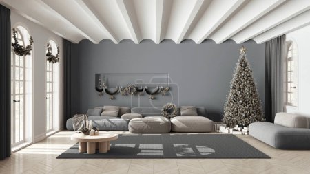 Téléchargez les photos : Minimal salon moderne dans des tons blancs et gris avec parquet et plafond voûté, arbre de Noël et décors, hiver, design intérieur scandinave du Nouvel An - en image libre de droit