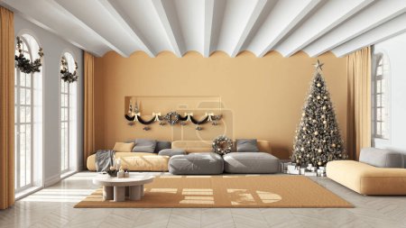 Téléchargez les photos : Minimal salon moderne dans des tons blancs et jaunes avec parquet et plafond voûté, arbre de Noël et décors, hiver, design intérieur scandinave du Nouvel An - en image libre de droit