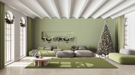 Téléchargez les photos : Minimal salon moderne dans des tons blancs et verts avec parquet et plafond voûté, arbre de Noël et décors, hiver, design intérieur scandinave du Nouvel An - en image libre de droit