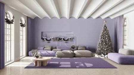 Téléchargez les photos : Minimal salon moderne dans des tons blancs et violets avec parquet et plafond voûté, arbre de Noël et décors, hiver, nouvelle année scandinave design d'intérieur - en image libre de droit