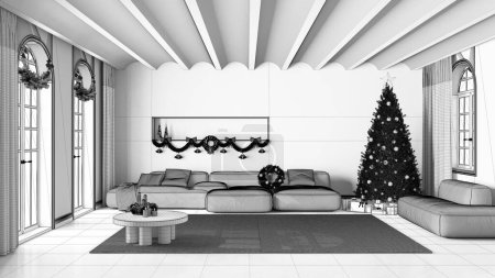 Téléchargez les photos : Projet de projet inachevé, salle de séjour moderne minimale avec parquet et plafond voûté, arbre de Noël et décors, hiver, nouvelle année scandinave design d'intérieur - en image libre de droit