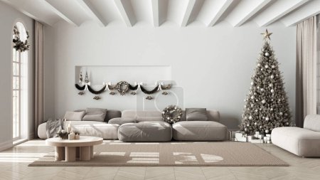 Téléchargez les photos : Salon moderne avec canapé et tapis, parquet et plafond voûté. Arbre de Noël et cadeaux, design intérieur minimaliste scandinave blanc et beige - en image libre de droit