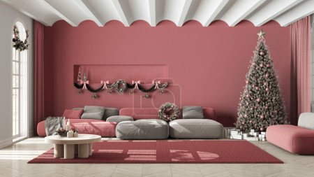 Téléchargez les photos : Salon moderne avec canapé et tapis, parquet et plafond voûté. Arbre de Noël et cadeaux, design intérieur minimaliste scandinave blanc et rouge - en image libre de droit
