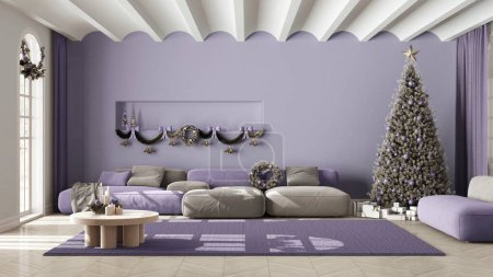 Téléchargez les photos : Salon moderne avec canapé et tapis, parquet et plafond voûté. Arbre de Noël et cadeaux, design intérieur minimaliste scandinave blanc et violet - en image libre de droit