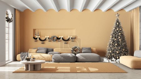 Téléchargez les photos : Salon moderne avec canapé et tapis, parquet et plafond voûté. Arbre de Noël et cadeaux, design intérieur minimaliste scandinave blanc et jaune - en image libre de droit
