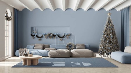 Téléchargez les photos : Salon moderne avec canapé et tapis, parquet et plafond voûté. Arbre de Noël et cadeaux, design intérieur minimaliste scandinave blanc et bleu - en image libre de droit
