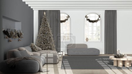 Téléchargez les photos : Minimal salon moderne dans des tons blancs et gris avec parquet et plafond voûté, canapé en velours et tapis. Arbre de Noël et décors, hiver, nouvel an design d'intérieur - en image libre de droit