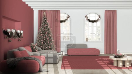 Téléchargez les photos : Minimal salon moderne dans les tons blanc et rouge avec parquet et plafond voûté, canapé en velours et tapis. Arbre de Noël et décors, hiver, nouvel an design d'intérieur - en image libre de droit