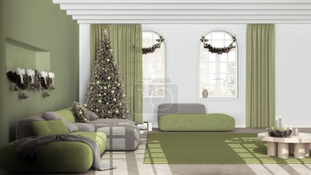 Téléchargez les photos : Minimal salon moderne dans des tons blancs et verts avec parquet et plafond voûté, canapé en velours et tapis. Arbre de Noël et décors, hiver, nouvel an design d'intérieur - en image libre de droit