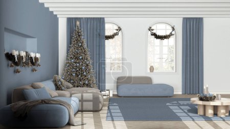 Téléchargez les photos : Minimal salon moderne dans des tons blancs et bleus avec parquet et plafond voûté, canapé en velours et tapis. Arbre de Noël et décors, hiver, nouvel an design d'intérieur - en image libre de droit