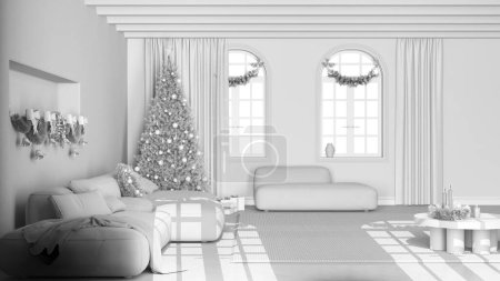 Téléchargez les photos : Projet blanc total, salle de séjour moderne minimale avec parquet et plafond voûté, canapé en velours et tapis. Arbre de Noël et décors, hiver, nouvel an design d'intérieur - en image libre de droit