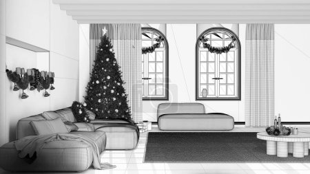 Téléchargez les photos : Projet inachevé, salle de séjour moderne minimale avec parquet et plafond voûté, canapé en velours et tapis. Arbre de Noël et décors, hiver, nouvel an design d'intérieur - en image libre de droit