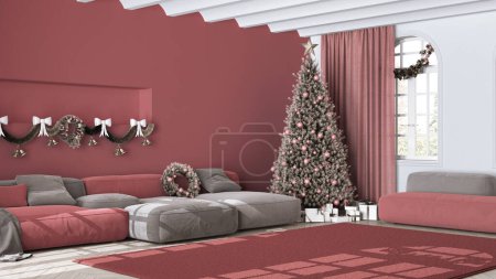 Téléchargez les photos : Arbre de Noël et cadeaux dans le salon scandinave avec canapé et tapis. Parquet et plafond voûté, design intérieur minimaliste moderne blanc et rouge - en image libre de droit