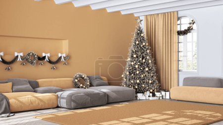 Téléchargez les photos : Arbre de Noël et cadeaux dans le salon scandinave avec canapé et tapis. Parquet et plafond voûté, design intérieur minimaliste moderne blanc et jaune - en image libre de droit