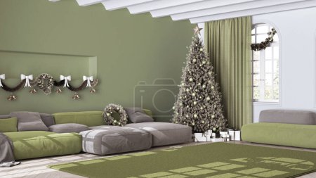 Téléchargez les photos : Arbre de Noël et cadeaux dans le salon scandinave avec canapé et tapis. Parquet et plafond voûté, design intérieur minimaliste moderne blanc et vert - en image libre de droit