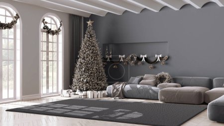 Téléchargez les photos : Hiver, Noël, Nouvel An design intérieur dans le salon minimal avec parquet et plafond voûté. Canapé et tapis, blanc et gris architecture minimaliste moderne - en image libre de droit