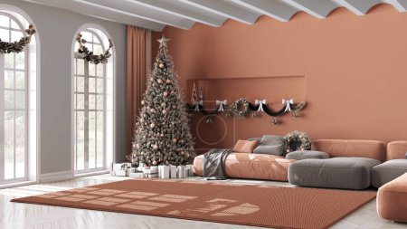 Téléchargez les photos : Hiver, Noël, Nouvel An design intérieur dans le salon minimal avec parquet et plafond voûté. Canapé et tapis, architecture minimaliste moderne blanche et orange - en image libre de droit