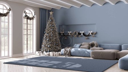 Téléchargez les photos : Hiver, Noël, Nouvel An design intérieur dans le salon minimal avec parquet et plafond voûté. Canapé et tapis, architecture minimaliste moderne blanche et bleue - en image libre de droit