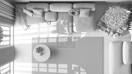 Téléchargez les photos : Projet blanc total, salon moderne avec canapé et tapis, parquet. Arbre de Noël et cadeaux, design d'intérieur scandinave. Vue de dessus, plan, ci-dessus - en image libre de droit