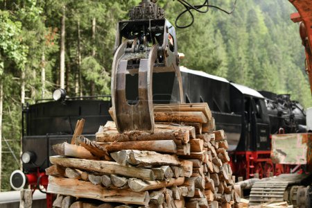 Téléchargez les photos : Ferraille de locomotive chargeant du bois de chauffage dans une locomotive à vapeur vintage - en image libre de droit
