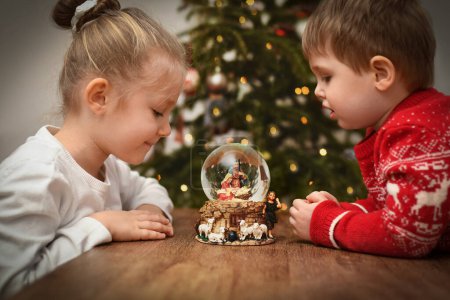 Photo for Children looking at a glass ball with a scene of the birth of Jesus Christ near christmas tree - Royalty Free Image