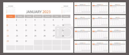 Planificador de calendario 2023 calendario vectorial calendario calendario mes calendario, plantilla organizador. La semana comienza el domingo. Página personal de negocios. Ilustración simple moderna